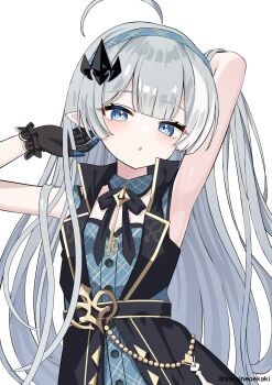 :o absurdres aoraine armpits blue_eyes character_request hair_ornament hands_up highres long_hair open_mouth simple_background stella_sora very_long_hair white_background