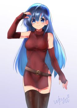 Rule 34 | 1girl, arm up, bare shoulders, belt, blue eyes, blue hair, boots, breasts, caeda (fire emblem), dress, elbow gloves, fingerless gloves, fire emblem, fire emblem: mystery of the emblem, gloves, highres, long hair, looking at viewer, medium breasts, nintendo, red dress, red gloves, side slit, signature, sleeveless, sleeveless dress, smile, solo, studio sugimoto, thigh boots