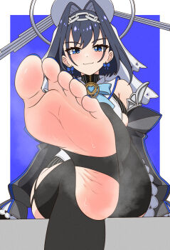 1girl barefoot black_hair blue_eyes blush feet highres hololive kir_o_kir looking_at_viewer medium_hair ouro_kronii smile soles steam stirrup_legwear sweat toeless_legwear toes