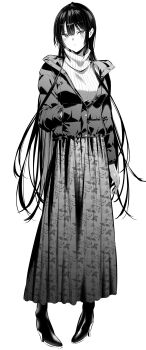 1girl black_hair boots full_body haite_kudasai_takamine-san hand_in_pocket high_heel_boots high_heels highres hiiragi_yuuichi jacket leaf_print long_hair monochrome partially_unzipped ribbed_sweater skirt solo sweater takamine_takane turtleneck turtleneck_sweater