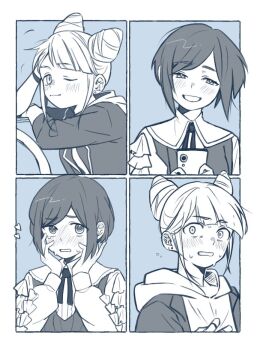 2girls blush collared_shirt commentary_request cone_hair_bun constricted_pupils double_bun frilled_shirt frilled_sleeves frills fukurai_azami hair_bun hands_on_own_cheeks hands_on_own_face heart holding holding_phone jasmine_(toshi_densetsu_kaitai_center) long_sleeves looking_at_another looking_at_viewer monochrome multiple_girls multiple_views nervous_sweating one_eye_closed open_mouth p96 phone shirt short_hair smile surprised sweat toshi_densetsu_kaitai_center upper_body