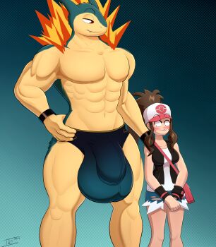 1boy 1girl 2024_pokemon_teraleak abs absurdres bag blush breasts brown_hair bulge dated fang fire furry furry_male gen_2_pokemon half-closed_eyes highres hilda_(pokemon) lip_biting nintendo orange_eyes pokemon pokemon_(creature) pokemon_bw ponytail slit_pupils smile standing tohilewd typhlosion