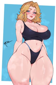 1girl absurdres bad_link blonde_hair bra breasts cleavage curvy highleg highres hip_dips large_breasts marvel marvel_rivals re_zoart shiny_skin solo sue_storm thighs thong underwear wide_hips