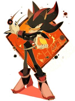 1boy black_fur body_fur chaos_emerald chest_tuft closed_mouth commentary furry furry_male gloves hedgehog_boy highres looking_at_viewer multicolored_hair red_eyes red_streaks shadow_the_hedgehog shoes solo sonic_(series) streaked_hair symbol-only_commentary usa37107692 white_gloves white_shoes