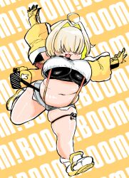 Rule 34 | 1girl, :d, ahoge, anayama (anayama radio), black gloves, black sports bra, blonde hair, blush, breasts, clothing cutout, crop top, crop top overhang, cropped sweater, elegg (nikke), exposed pocket, gloves, goddess of victory: nikke, grey shorts, hair intakes, hair over eyes, large breasts, long bangs, long sleeves, micro shorts, multicolored clothes, multicolored gloves, multicolored hair, navel, open mouth, plump, shoes, short hair, shorts, shoulder cutout, smile, sneakers, solo, sports bra, suspender shorts, suspenders, thigh strap, two-tone hair, yellow gloves