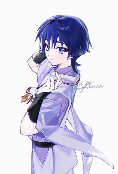 1boy armor black_sash blunt_ends closed_mouth clothing_cutout cnorkie colored_eyelashes eyelashes eyeliner eyeshadow feathers from_side furisode genshin_impact hair_intakes hands_up highres japanese_armor japanese_clothes kimono kote kurokote layered_sleeves looking_at_viewer makeup male_focus pants pom_pom_(clothes) purple_eyes purple_hair purple_sleeves red_eyeliner red_eyeshadow sash scaramouche_(genshin_impact) scaramouche_(kabukimono)_(genshin_impact) short_sleeves shoulder_cutout side_cutout smile solo string tsurime twitter_username white_background white_pants white_sleeves wispy_bangs yellow_feathers