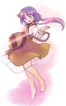 1girl :d barefoot biwa_lute blush bracelet brown_dress chain collared_dress commentary_request dress flower from_side full_body gold_bracelet hair_flower hair_ornament hand_up instrument jewelry knees long_hair long_sleeves looking_back lute_(instrument) one-hour_drawing_challenge open_mouth orange_background purple_eyes purple_hair rangycrow see-through_clothes see-through_skirt shirt sideways_glance skirt smile solo touhou tsukumo_benben twintails white_shirt