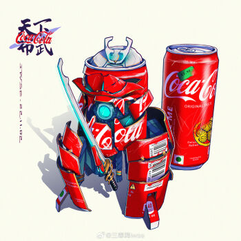 artist_name blue_eyes can chromatic_aberration coca-cola dated drink_can english_text glowing glowing_eyes glowing_sword glowing_weapon highres holding holding_sword holding_weapon iwse_zhang japanese_text katana logo mechanization mixed-language_text no_humans non-humanoid_robot one-eyed original price robot rope samurai sign signature simple_background soda_can sticker sword translation_request warning_sign watermark weapon weibo_username weibo_watermark white_background