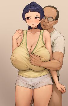 1boy 1girl bad_tag bare_shoulders black_choker black_hair blue_hair blunt_bangs blush breasts brown_background brown_eyes choker cleavage collarbone covered_erect_nipples glasses grabbing grabbing_another's_breast gradient_background green_shirt groping hetero huge_breasts kono_(yuri_kotone_ero) long_hair opaque_glasses open_mouth ponytail purple_eyes shirt short_shorts short_sleeves shorts simple_background standing sweat takenoko_no_you tank_top thighs yellow_shirt