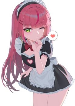 Rule 34 | 1girl, apron, black dress, bow, bowtie, cleavage cutout, closed mouth, clothes lift, clothing cutout, commentary, cowboy shot, dress, english commentary, fingernails, frilled dress, frills, green eyes, hair ornament, hairclip, hanako nana, hand on own chin, hand up, heart, heart cutout, highres, huhe 01, long hair, looking at viewer, maid, maid headdress, multicolored hair, nail polish, one eye closed, parallel hairclips, pink hair, pink nails, red bow, red bowtie, short dress, short sleeves, simple background, skirt, skirt lift, solo, speech bubble, spoken heart, standing, stellive, straight hair, streaked hair, very long hair, virtual youtuber, waist apron, white apron, white background