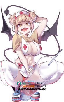 1girl :d bat_wings black_wings blonde_hair boku_no_hero_academia breasts brown_shirt cleavage commentary demon_girl demon_tail english_commentary halloween hat highres hot_vr large_breasts looking_at_viewer navel nurse nurse_cap open_mouth shirt short_hair simple_background smile solo squatting subscribestar_logo subscribestar_username syringe t-shirt tail teeth thighhighs toga_himiko white_background white_hat white_thighhighs wings