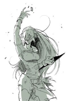 1girl aged_up ankle_cuffs avatar:_aang_the_last_airbender avatar:_the_last_airbender avatar_legends blind capri_pants commentary floating_rock geokinesis highres lineart long_hair mayooo_0 monochrome muscular muscular_female pants solo toph_beifong very_long_hair