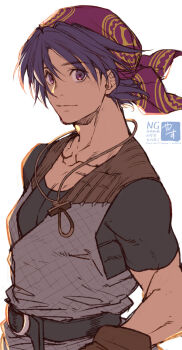 Rule 34 | 1boy, amulet, armor, bandana, belt, belt buckle, black belt, black shirt, blue hair, brown gloves, buckle, chainmail, chrono cross, closed mouth, collarbone, commentary request, gloves, hair between eyes, light smile, looking at viewer, male focus, parted bangs, print bandana, purple eyes, red bandana, serge (chrono cross), shirt, short hair, signature, solo, white background, yasunososaku