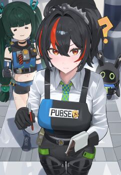 2girls :3 =_= ? absurdres android bangboo_(zenless_zone_zero) black_hair black_pants blush braid braided_sidelock breasts bulletproof_vest checkered_necktie commentary_request from_above green_eyes hair_ornament hairband high-waist_pants highres hood_(james_x) large_breasts looking_at_viewer metal_hairband multicolored_hair multiple_girls necktie outdoors pants police police_uniform policewoman ponytail qingyi_(zenless_zone_zero) red_eyes red_hair robot_girl securityboo_(zenless_zone_zero) shirt sphere_hair_ornament streaked_hair sweatdrop thumbs_up white_shirt zenless_zone_zero zhu_yuan
