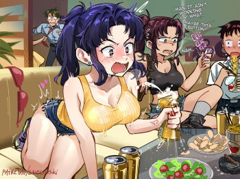 2girls 3girls alcohol arm_support bare_legs bare_shoulders beer beer_can bent_over black_lagoon blue_hair blush breasts can cigarette cleavage clothes_grab collarbone comic controller couch covered_erect_nipples crossed_legs crossover crushed_can cutoffs dashed_eyes denim denim_shorts drink_can drooling ear_piercing eating english_text food hair_intakes ikari_shinji indoors instant_cup_noodles instant_noodles kaji_ryouji katsuragi_misato large_breasts long_hair multiple_girls necktie necktie_grab neckwear_grab neon_genesis_evangelion noodles open_mouth orange_eyes orange_shirt party patreon_username piercing ponytail purple_hair red_nails remote_control remote_control_vibrator revy_(black_lagoon) ribbed_shirt sanpaku sex_toy shirt shoes short_shorts shorts sidelocks sneakers snegovski sound_effects souryuu_asuka_langley sports_bra surprised tank_top thigh_gap twitching vibrator wavy_mouth