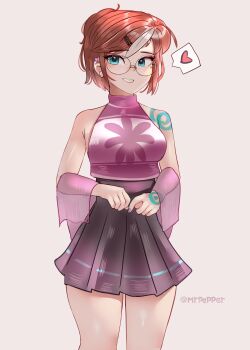 1girl absurdres aqua_eyes artist_name commentary english_commentary glasses grey_skirt halterneck heart highres looking_at_viewer multicolored_hair original peppitasart pink_shirt pleated_skirt red_hair round_eyewear shirt skirt sleeveless sleeveless_shirt smile solo speech_bubble spoken_heart standing streaked_hair two-tone_hair white_hair