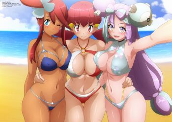 3girls absurdres arm_around_waist beach bikini blue_bikini blue_eyes blue_hair blush bow-shaped_hair breast_press breasts character_hair_ornament clam_shell cleavage cloud collarbone covered_erect_nipples dark_skin gen_1_pokemon grey_bikini hair_bun hair_ornament hairclip highres iono_(pokemon) large_breasts long_hair looking_at_viewer low_twintails magnemite multicolored_hair multiple_girls navel nintendo o-ring o-ring_bikini ocean one_eye_closed open_mouth pink_eyes pink_hair pokemon pokemon_bw pokemon_hgss pokemon_sv purple_eyes purple_hair red_bikini red_hair sand sharp_teeth side_bun sidelocks sky skyla_(pokemon) smile standing swimsuit teeth twintails two-tone_hair water whitney_(pokemon) wink zel-sama