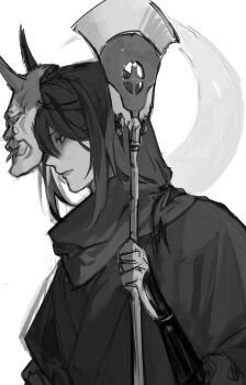 1boy absurdres black_eyes black_hair black_hanfu chinese_clothes commentary crescent crescent_moon english_commentary from_side frown greyscale hair_between_eyes hanfu highres long_hair long_sleeves low_ponytail male_focus mask mask_on_head monochrome moon oni_mask polearm ponytail sketch solo suto_(sakumaaritsu) tianguan_cifu upper_body weapon white_background yin_yu yueya_chan