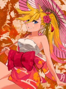 1girl bare_shoulders blonde_hair blue_eyes breasts cairngorm999 chest_sarashi cleavage eyelashes high_ponytail highres holding holding_umbrella long_hair panty_&amp;_stocking_with_garterbelt panty_(psg) ponytail sarashi sitting solo umbrella