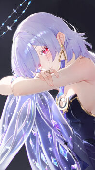 1girl absurdres artist_name bare_shoulders breasts cleavage closed_mouth colored_eyelashes commentary dark_background dress earrings from_side grey_hair halo highres jewelry knees_up long_hair looking_at_viewer looking_to_the_side medium_breasts mihan_(mihan_art) mornye_(wuthering_waves) no_jacket purple_dress red_eyes see-through_body sitting solo triangle_earrings wuthering_waves