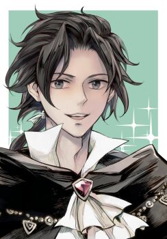 1boy ascot black_hair border commentary_request cyrus_albright green_background grel_(r6hgvu5) looking_at_viewer low_ponytail male_focus octopath_traveler octopath_traveler_i open_mouth outside_border ponytail simple_background smile sparkle teeth upper_teeth_only white_ascot white_border