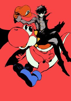 1boy amamiya_ren blue_eyes blue_shoes colored_skin crossover grey_jacket grey_pants grin hat head_spikes high_contrast highres holding holding_unworn_clothes holding_unworn_hat jacket looking_at_another mario_(series) mario_hat nintendo open_mouth pants persona persona_5 purano7 red_background red_skin red_theme red_yoshi shoes short_hair simple_background sitting smile super_smash_bros. teeth unworn_hat unworn_headwear very_short_hair yoshi