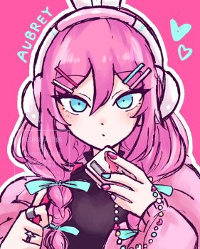 Rule 34 | 1girl, animal ear headphones, animal ears, aqua bow, aqua eyes, aqua nails, aubrey (birthday) (omori), aubrey (faraway) (omori), aubrey (omori), black shirt, bow, braid, character name, closed mouth, double-parted bangs, fake animal ears, hair between eyes, hair bow, hair ornament, hair over shoulder, hands up, hashtag-only commentary, headphones, heart, highres, holding, holding phone, imo mo 0, jacket, jewelry, long hair, long sleeves, looking at viewer, low twin braids, multicolored nails, nail polish, official alternate costume, official alternate hairstyle, omori, open clothes, open jacket, phone, pink background, pink hair, pink jacket, pink nails, portrait, puffy long sleeves, puffy sleeves, purple nails, rabbit ear headphones, rabbit ears, ring, shirt, simple background, solo, straight-on, tsurime, turtleneck, turtleneck shirt, twin braids, upturned eyes, watermark