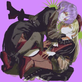 Rule 34 | 2girls, amoris (bang dream!), bang dream!, bang dream! it's mygo!!!!!, beret, black capelet, black pantyhose, black socks, blush, capelet, chinese commentary, closed mouth, commentary request, earrings, green hair, hand in another's hair, hat, highres, jewelry, long hair, long sleeves, mortis (bang dream!), mortis (costume) (bang dream!), multiple girls, open mouth, pantyhose, pink eyes, purple background, purple hair, red hat, red shoes, red shorts, red thighhighs, see-through clothes, see-through sleeves, shoes, shorts, simple background, socks, sssakanaaa, thighhighs, wakaba mutsumi, yuri, yuutenji nyamu