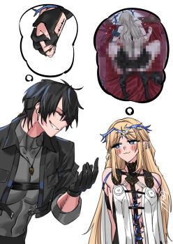 1boy 1girl :3 absurdres black_hair blonde_hair blue_eyes cartethyia_(wuthering_waves) censored fleurdelys_(wuthering_waves) highres holding_hands male_rover_(wuthering_waves) meme mosaic_censoring rover_(wuthering_waves) sex simple_background speech_bubble thought_bubble tira_(tiiramiiisu2) white_background wuthering_waves