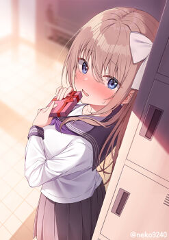 1girl blue_eyes blue_sailor_collar blush brown_hair evening getabako gift holding holding_gift indoors long_hair long_sleeves looking_at_viewer nekokobushi olo open_mouth original pleated_skirt sailor_collar school school_uniform serafuku shirt skirt solo standing valentine white_shirt