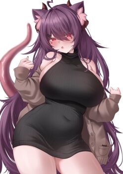 1girl ahoge animal_ear_fluff animal_ears black_dress black_nails breasts commentary covered_navel dress highres horns indie_virtual_youtuber large_breasts long_hair long_sleeves open_clothes open_mouth plump purple_hair red_eyes sleeveless sleeveless_dress solo sweater sweater_dress tentacles velvet_noir velvet_noir_(vtuber) virtual_youtuber
