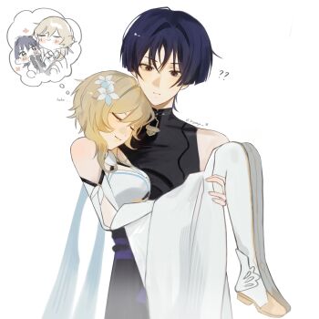 1boy 1girl ? ?? arm_cutout belt black_belt black_bodysuit black_eyes black_hair black_shorts blonde_hair blue_flower blue_scarf blue_trim blunt_ends blush bodysuit boots breasts carrying cheek_press choppy_bangs closed_eyes clothing_cutout covered_collarbone detached_sleeves dress eyelashes facing_to_the_side flower genshin_impact hair_flower hair_intakes hair_ornament halterneck head_on_chest hetero highres koyaaya large_breasts light_blush looking_at_another looking_down lumine_(genshin_impact) multicolored_flower parted_lips princess_carry role_reversal scaramouche_(genshin_impact) scarf short_hair short_hair_with_long_locks shorts sidelocks sleeping sound_effects spoken_character thigh_boots tsurime twitter_username unconscious wanderer_(genshin_impact) white_background white_boots white_dress white_flower white_mouth white_scarf