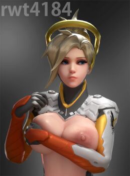 1girl 3d artist_name blonde_hair blue_eyes breasts breasts_out closed_mouth commentary covering_breasts covering_privates english_commentary eyeshadow grey_background halo large_breasts light_frown looking_to_the_side makeup mechanical_halo mercy_(overwatch) nipples overwatch ponytail rwt4184 solo upper_body