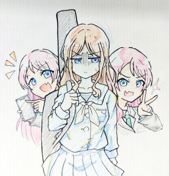 2girls anon bang_dream! bang_dream!_it's_mygo!!!!! blue_eyes blue_shirt blue_skirt brown_hair cellphone colored_pencil_(medium) commentary fang green_necktie grey_jacket grey_neckerchief guitar_case haneoka_school_uniform holding holding_phone instrument_case instrument_case_on_back instrument_on_back jacket long_hair long_sleeves minamiko multiple_girls nagasaki_soyo neckerchief necktie open_mouth phone pink_hair pleated_skirt school_uniform shirt sidelocks skin_fang skirt smartphone sparkle sweatdrop traditional_media tsukinomori_school_uniform v