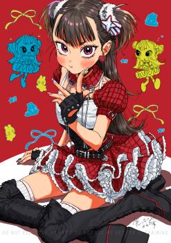 1girl :3 :o :t absurdres aegyo_sal belt belt_buckle belted_skirt black_belt black_boots black_corset black_gloves bloomers blue_ribbon blunt_bangs blush boots breasts brown_hair buckle center-flap_bangs chibi chibi_inset collar commission corset detached_collar detached_sleeves doodle_inset double-parted_bangs earrings fashion fingerless_gloves fingernails frilled_collar frilled_skirt frills glove_belt gloves hair_ornament hairclip hand_on_floor hand_on_own_cheek hand_on_own_face heart heart_earrings high_heel_boots high_heels highres index_finger_raised jewelry lace-up_boots layered_clothes layered_skirt long_fingernails looking_at_viewer looking_back looking_up miniskirt mole mole_above_eye mole_on_cheek mole_under_eye multicolored_eyes multicolored_nails multiple_moles open_mouth original petticoat pink_eyes plaid_clothes plaid_collar plaid_skirt plaid_sleeves platform_boots platform_heels pom_pom_(clothes) pom_pom_hair_ornament pout puffy_cheeks puffy_short_sleeves puffy_sleeves purple_eyes rabbit red_background red_collar red_skirt red_sleeves ribbon sanpaku shirt shooting_star_(symbol) short_eyebrows short_sleeves signature sitting skima_commission skirt small_breasts smile solo spaghetti_strap star_(symbol) star_hair_ornament star_print straight_hair strap studded_gloves thigh_boots thighhighs tsurime two-tone_eyes two_side_up underwear v-shaped_eyebrows very_long_fingernails walking waratteiru_kara_da watermark white_bloomers white_ribbon white_shirt white_thighhighs yellow_ribbon yokozuwari zettai_ryouiki