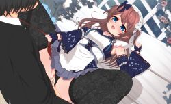 Rule 34 | 1boy, 1girl, absurdres, black choker, black panties, black thighhighs, blue bow, blue eyes, blue gloves, blue sleeves, blush, bow, breasts, brown hair, censored, choker, clothed sex, clothing aside, cum, cum in pussy, detached sleeves, dress, ejaculation, feet out of frame, fingerless gloves, fishnet thighhighs, fishnets, flower, frilled dress, frills, fujigaya arctia, gloves, hair bow, hair flower, hair ornament, hetero, highres, lace thighhighs, long hair, looking at another, lying, mahjong soul, maid, maid headdress, missionary, mosaic censoring, necktie, necktie grab, neckwear grab, on back, open mouth, panties, panties aside, penis, pink flower, pink rose, plant, pussy, pussy juice, red necktie, rose, sex, shinomiya fuyumi, short dress, sleeveless, sleeveless dress, small breasts, solo focus, spread legs, textless version, thighhighs, underwear, vaginal, variant set, vines, white flower, white rose
