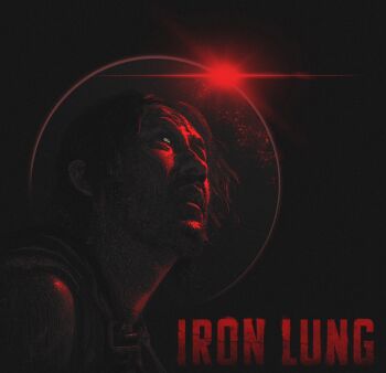 Rule 34 | 1boy, aegyo sal, beard, black hair, commentary, eclipse, english commentary, english text, facial hair, highres, iron lung (movie), looking up, parted lips, portrait, quinnickly, red light, red theme, short hair, simon (iron lung), solo, tunic, wavy hair