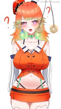 1girl ? @_@ beret blush bow bow_choker breasts choker coin coin_on_string dadangge detached_sleeves drooling earrings feather_earrings feathers gradient_hair green_choker green_hair hat highres hololive hololive_english hypnosis jewelry large_breasts long_hair looking_at_viewer midriff mind_control mini_chef_hat mouth_drool multicolored_hair multiple_hats navel open_mouth orange_hair orange_hat orange_skirt paid_reward_available pendulum purple_eyes simple_background skirt solo takanashi_kiara takanashi_kiara_(1st_costume) virtual_youtuber white_background