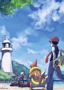 4boys aono_wo bad_id bad_pixiv_id barry_(pokemon) black_hair blonde_hair cloud commentary_request day flint_(pokemon) floatzel from_below gen_4_pokemon grass green_scarf hat hill holding holding_poke_ball lighthouse lucas_(pokemon) multiple_boys nintendo outdoors pants poke_ball poke_ball_(basic) pokemon pokemon_(creature) pokemon_dppt red_scarf scarf shore short_sleeves sky standing volkner_(pokemon) water