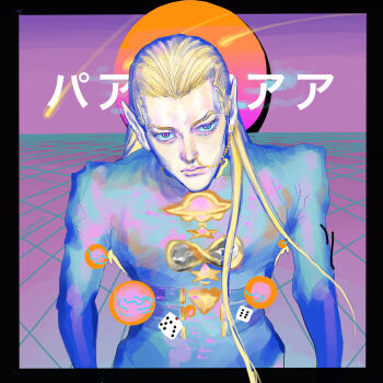 1boy absurdres black_border blonde_hair border commentary diamond_wa_kudakenai dice earrings earth_wind_&amp;_fire_(stand) english_commentary hazekura_mikitaka highres jewelry jojo_no_kimyou_na_bouken long_hair mixed-language_commentary pointy_ears sen_jc2000 solo ufo vaporwave