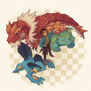 Rule 34 | 1boy, artist name, black pants, blue jacket, blue skin, brown hair, brown shirt, claws, colored skin, dinosaur, gen 1 pokemon, gen 3 pokemon, gen 6 pokemon, hand on own hip, highres, jacket, leaf, looking at viewer, nintendo, open clothes, open jacket, pants, pokemon, pokemon (creature), red shoes, salute, shirt, shoes, short hair, swampert, tail, trustyalt, two-finger salute, tyrantrum, venusaur