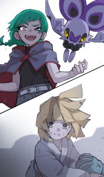 Rule 34 | 1boy, 1girl, absurdres, aged down, blonde hair, blunt bangs, braid, braided ponytail, commentary request, dougi, gen 1 pokemon, gen 6 pokemon, green hair, highres, ivor (pokemon), karate gi, lebanne (pokemon), machop, minao omina, mole, mole under mouth, nintendo, noibat, pokemon, pokemon legends: z-a, tsurime, x x