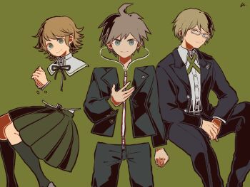 3boys ahoge black_jacket black_pants black_ribbon black_socks blonde_hair blue_eyes brown_hair clenched_hand closed_mouth collared_shirt commentary_request crossdressing crossdressing_(mtf) danganronpa:_trigger_happy_havoc danganronpa_(series) eyelashes fujisaki_chihiro glasses green_background green_eyes green_skirt green_theme hood hood_down jacket kiri_(2htkz) kneehighs male_focus multiple_boys naegi_makoto neck_ribbon negative_space open_clothes open_jacket own_hands_together pants ribbon semi-rimless_eyewear shirt short_hair simple_background sitting skirt smile socks solo standing togami_byakuya trap white-framed_eyewear white_shirt zipper