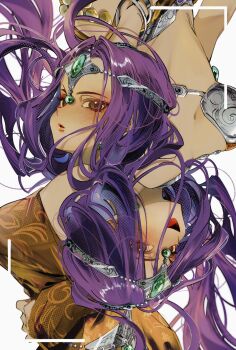 2girls asymmetrical_dress bracelet brown_eyes circlet dark-skinned_female dark_skin detached_sleeves dragon_quest dragon_quest_heroes_ii dragon_quest_iv dress earrings eyeliner floating_hair forehead_jewel gem glint green_gemstone highres jewelry light_blush lipstick loincloth long_hair looking_at_viewer makeup mamesan_2024 manya_(dq4) metal_belt metal_bikini metal_bra minea_(dq4) multiple_bracelets multiple_girls open_mouth orange_loincloth parted_lips purple_hair red_eyeliner rotational_symmetry silver_circlet smile sphere_earrings upper_body