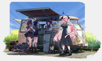 4girls animal_collar awning bell black_boots black_dress black_hair black_hat black_horns black_shirt black_skirt blue_archive blue_halo blue_sky boots bush calling chinese_commentary collar collared_shirt commentary commentary_request creature day demon_girl demon_horns dress english_commentary faceless faceless_female food food_truck fuuka_(blue_archive) gehenna_student_(blue_archive) generator green_liquid hair_between_eyes hair_on_horn hair_over_eyes halo hand_to_own_mouth hat headscarf highres holding holding_tray horns index_finger_raised jingle_bell juri_(blue_archive) long_hair long_hair_between_eyes menu_board minifridge mixed-language_commentary motor_vehicle multiple_girls necktie open_mouth outdoors pan-chan_(blue_archive) peaked_cap pinafore_dress pink_hair pointy_ears prefect_team_member_(blue_archive) red_eyes red_halo red_necktie scared shirt short_hair skirt sky sleeveless sleeveless_dress sleeves_rolled_up smile socks taru_kira tentacles tray twintails van very_long_hair volkswagen volkswagen_type_2 white_halo white_headscarf white_shirt white_socks