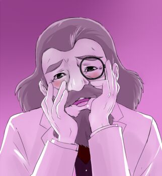 1970s_(style) 1boy beard blush chargeman_ken! facial_hair gradient_background grey_hair head_tilt kanda_emi knack long_hair looking_at_viewer male_focus monocle oldschool open_mouth parody professor professor_volga purple_theme retro_artstyle simple_background solo yandere_trance