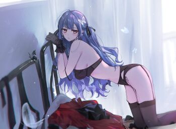 Rule 34 | 1girl, bad id, bad twitter id, bang dream!, bang dream! it's mygo!!!!!, bed, black bra, black gloves, black panties, black ribbon, black thighhighs, blue hair, blush, bra, breasts, bug, butterfly, closed mouth, commentary, feint721, garter straps, gloves, hair ribbon, insect, long hair, looking at viewer, medium breasts, oblivionis (bang dream!), panties, ribbon, shirt, sidelocks, solo, thighhighs, togawa sakiko, underwear, unworn shirt, yellow eyes