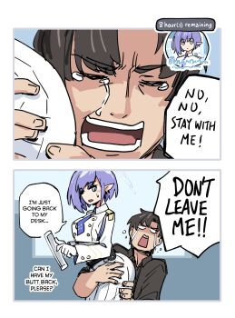 2koma aoi_(blue_archive) ass ass_focus ass_support black_hair blue_archive blue_hair blue_halo blue_necktie breasts buttons comic crying double-breasted english_text gameplay_mechanics gloves grabbing_another's_ass groping halo head_on_ass jacket large_breasts looking_at_another looking_back mabufuyo meme necktie open_mouth pointy_ears sensei_(blue_archive) short_hair skirt tablet_pc white_gloves white_jacket white_skirt