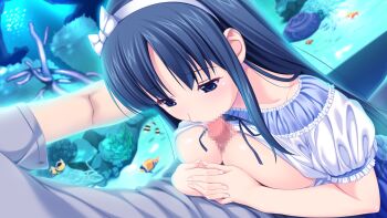 10s 1girl black_eyes black_hair breasts censored fellatio fish fukami_nagisa game_cg highres koutaro large_breasts long_hair mosaic_censoring oral paizuri penis protagonist_(tropical_vacation) tropical_kiss tropical_vacation twinkle_(company)