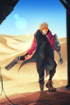 Rule 34 | 1boy, black pants, black shirt, blonde hair, blue sky, closed mouth, commentary, english commentary, gun, highres, instagram username, jacket, lobelmontdraws, male focus, orange-tinted eyewear, pants, patreon username, prosthesis, prosthetic arm, red jacket, round eyewear, shirt, short hair, sky, solo, tinted eyewear, trigun, trigun stampede, twitter username, vash the stampede, weapon